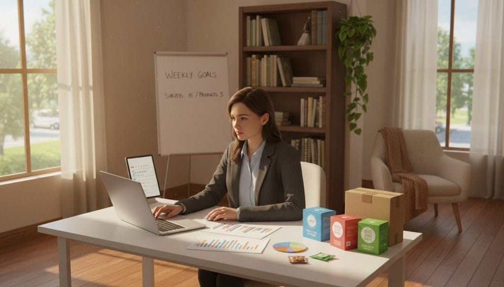 A cozy home office scene showcasing a person engaging in online surveys and product testing. In the foreground, a young adult in professional business attire sits at a sleek desk with a laptop open, focused on the screen. Nearby are colorful charts and product sample boxes, hinting at data analysis and feedback. The middle ground features a bookshelf filled with motivational books, along with a potted plant adding a touch of greenery. The background shows a softly lit window with light streaming in, creating a warm and inviting atmosphere. Use a soft focus and warm color palette to evoke a sense of productivity and comfort, emphasizing the ease of earning extra income from home. Eine gemütliche Homeoffice-Szene, in der eine Person Online-Umfragen und Produkttests durchführt. Im Vordergrund sitzt ein junger Erwachsener in professioneller Business-Kleidung an einem eleganten Schreibtisch mit aufgeschlagenem Laptop und konzentriert sich auf den Bildschirm. Daneben liegen bunte Diagramme und Produktmusterboxen, die auf Datenanalyse und Feedback hindeuten. Im Mittelgrund steht ein Bücherregal voller Motivationsbücher sowie eine Topfpflanze, die einen Hauch von Grün verleiht. Im Hintergrund ist ein sanft beleuchtetes Fenster zu sehen, durch das Licht hereinströmt und eine warme, einladende Atmosphäre schafft. Verwenden Sie einen Weichzeichner und eine warme Farbpalette, um ein Gefühl von Produktivität und Komfort zu vermitteln und die Leichtigkeit zu betonen, mit der man von zu Hause aus ein zusätzliches Einkommen erzielen kann.