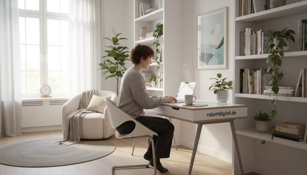 A cozy home office setting that embodies the concept of working from home. In the foreground, a person in smart casual clothing is seated at a stylish desk, focused on a laptop, with a steaming cup of coffee nearby. The middle layer features shelves filled with books and decorative plants, adding a touch of personality. In the background, a well-lit window allows natural light to flood the space, illuminating soft curtains and a comfortable chair in a warm, inviting atmosphere. The overall mood is one of productivity and comfort, suggesting a seamless blend of professional and personal life. Emphasize a clean, modern aesthetic to resonate with the theme of remote work. Include the brand name "robertdigital.de" subtly integrated into the room's decor.