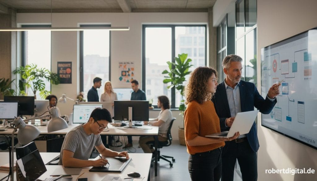 A diverse group of individuals in a modern office setting, actively collaborating on digital product ideas. In the foreground, a young woman with curly hair and a laptop, wearing smart casual attire, brainstorms with a middle-aged man in a blazer, who gestures towards a whiteboard filled with colorful diagrams. In the middle ground, a young man with glasses sits at a table, sketching concepts on a tablet. The background features a bright, airy workspace with large windows letting in natural light, indoor plants, and motivational posters about creativity and innovation. The atmosphere is productive and inspiring, with a sense of teamwork and enthusiasm for digital creation. Subtle warm lighting enhances the inviting mood. The brand "robertdigital.de" is represented through a logo subtly placed in the background artwork. A diverse group of individuals in a modern office setting, actively collaborating on digital product ideas. In the foreground, a young woman with curly hair and a laptop, wearing smart casual attire, brainstorms with a middle-aged man in a blazer, who gestures towards a whiteboard filled with colorful diagrams. In the middle ground, a young man with glasses sits at a table, sketching concepts on a tablet. The background features a bright, airy workspace with large windows letting in natural light, indoor plants, and motivational posters about creativity and innovation. The atmosphere is productive and inspiring, with a sense of teamwork and enthusiasm for digital creation. Subtle warm lighting enhances the inviting mood. The brand "robertdigital.de" is represented through a logo subtly placed in the background artwork.