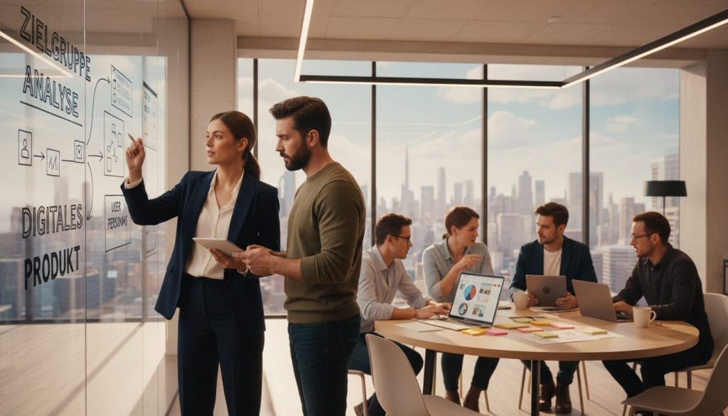 A diverse group of professionals in a modern workspace collaborate intensively, symbolizing the concept of "zielgruppe" (target audience). In the foreground, a woman in business attire sketches ideas on a whiteboard, showcasing a digital product concept. Beside her, a man in smart-casual clothing analyzes data on a laptop, their expressions focused and engaged. In the middle ground, a round table displays brainstorming materials—sticky notes, laptops, and digital mockups, emphasizing teamwork and creativity. The background features a large window with natural light streaming in, creating a bright and inspiring atmosphere. The mood is collaborative and innovative, with soft, warm lighting to enhance professionalism. The image embodies a dynamic environment for preparing digital products, inspired by robertdigital.de. A diverse group of professionals in a modern workspace collaborate intensively, symbolizing the concept of "zielgruppe" (target audience). In the foreground, a woman in business attire sketches ideas on a whiteboard, showcasing a digital product concept. Beside her, a man in smart-casual clothing analyzes data on a laptop, their expressions focused and engaged. In the middle ground, a round table displays brainstorming materials—sticky notes, laptops, and digital mockups, emphasizing teamwork and creativity. The background features a large window with natural light streaming in, creating a bright and inspiring atmosphere. The mood is collaborative and innovative, with soft, warm lighting to enhance professionalism. The image embodies a dynamic environment for preparing digital products, inspired by robertdigital.de.