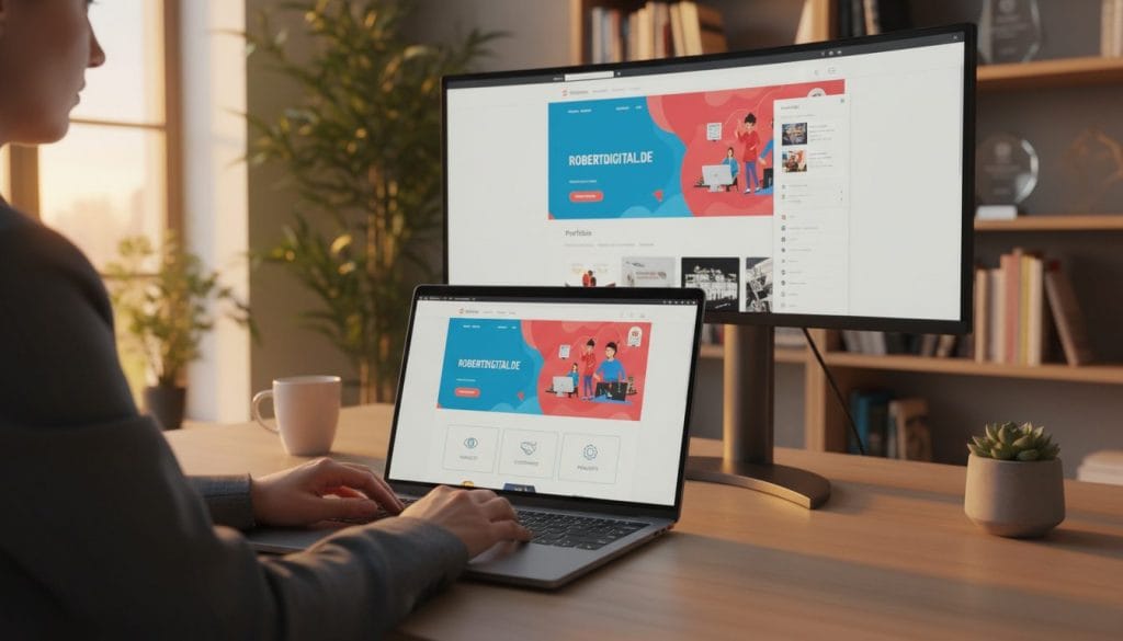 A modern computer desk setup showcasing a sleek website design on a high-resolution monitor. In the foreground, a stylish laptop displays an engaging homepage featuring vibrant visuals and user-friendly navigation. In the middle, a person's hands, dressed in business attire, are on the keyboard, emphasizing a professional atmosphere. The background features a softly blurred room decorated with plants and a bookshelf, conveying a productive workspace. Warm, inviting lighting casts a glow on the scene, highlighting the importance of creating an online presence. Overall, the mood is one of inspiration and professionalism, reflective of the theme of visibility, customers, and projects. The brand "robertdigital.de" is subtly represented on the website design. A modern computer desk setup showcasing a sleek website design on a high-resolution monitor. In the foreground, a stylish laptop displays an engaging homepage featuring vibrant visuals and user-friendly navigation. In the middle, a person's hands, dressed in business attire, are on the keyboard, emphasizing a professional atmosphere. The background features a softly blurred room decorated with plants and a bookshelf, conveying a productive workspace. Warm, inviting lighting casts a glow on the scene, highlighting the importance of creating an online presence. Overall, the mood is one of inspiration and professionalism, reflective of the theme of visibility, customers, and projects. The brand "robertdigital.de" is subtly represented on the website design.