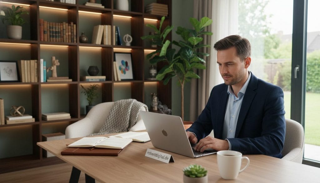 A modern home office setup for remote work, featuring a stylish desk with a sleek laptop, notebooks, and a cup of coffee. In the foreground, a person in professional business attire is focused on their work, exuding a sense of productivity and determination. The middle ground showcases a cozy, well-decorated room with plants and a window allowing soft, natural light to illuminate the space. In the background, a bookshelf filled with books and decorative items adds warmth and character to the environment. The overall mood is inviting yet professional, reflecting the balance between home comfort and work efficiency. The scene subtly includes elements that suggest both "heimarbeit" and home office dynamics. The style is photorealistic, with sharp focus and a warm color palette, ideal for an article on "Geld verdienen von zuhause". Branding element: "robertdigital.de" showcased tastefully within the environment.