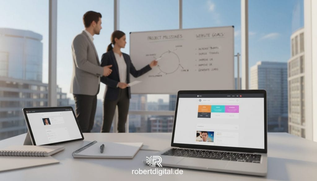 A modern, inviting workspace is depicted in the foreground, featuring a sleek laptop displaying a vibrant website design on its screen. Surrounding the laptop are neatly organized notebooks and a digital tablet, suggesting careful planning. In the middle ground, a diverse group of professionals, dressed in smart business attire, engage in an animated discussion, pointing at a whiteboard filled with goal-oriented diagrams and bullet points. The background showcases a large window revealing a bright, sunny day outside, symbolizing clarity and opportunity. Soft, ambient lighting casts a warm glow over the scene, creating a motivating and inspiring atmosphere. The scene reflects a dynamic environment where individuals outline their website goals and requirements, emphasizing teamwork and professionalism. The brand name "robertdigital.de" is subtly suggested through design elements in the workspace. A modern, inviting workspace is depicted in the foreground, featuring a sleek laptop displaying a vibrant website design on its screen. Surrounding the laptop are neatly organized notebooks and a digital tablet, suggesting careful planning. In the middle ground, a diverse group of professionals, dressed in smart business attire, engage in an animated discussion, pointing at a whiteboard filled with goal-oriented diagrams and bullet points. The background showcases a large window revealing a bright, sunny day outside, symbolizing clarity and opportunity. Soft, ambient lighting casts a warm glow over the scene, creating a motivating and inspiring atmosphere. The scene reflects a dynamic environment where individuals outline their website goals and requirements, emphasizing teamwork and professionalism. The brand name "robertdigital.de" is subtly suggested through design elements in the workspace.