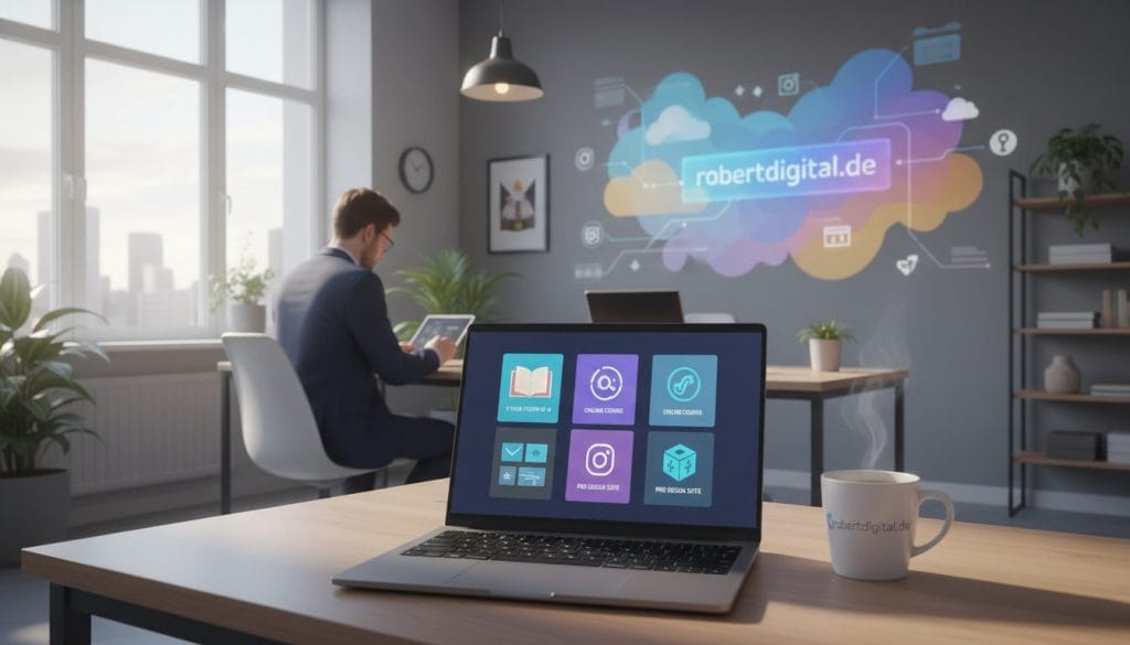 A modern workspace scene depicting the concept of digital products. In the foreground, a sleek laptop open to a vibrant digital design interface showcasing various digital products like e-books, courses, and software. A cup of coffee sits beside it, adding a personal touch. In the middle, a focused individual in professional business attire is intently working on a creative project, with a light-filled room that has large windows, giving a bright and inviting atmosphere. The background features abstract representations of digital concepts, like cloud storage and online marketplaces, in soft colors that complement the workspace. The lighting is bright and airy, reminiscent of a productive morning. The overall mood conveys innovation and opportunity, with a subtle hint of inspiration. The image should include the brand name "robertdigital.de" integrated creatively into the workspace. A modern workspace scene depicting the concept of digital products. In the foreground, a sleek laptop open to a vibrant digital design interface showcasing various digital products like e-books, courses, and software. A cup of coffee sits beside it, adding a personal touch. In the middle, a focused individual in professional business attire is intently working on a creative project, with a light-filled room that has large windows, giving a bright and inviting atmosphere. The background features abstract representations of digital concepts, like cloud storage and online marketplaces, in soft colors that complement the workspace. The lighting is bright and airy, reminiscent of a productive morning. The overall mood conveys innovation and opportunity, with a subtle hint of inspiration. The image should include the brand name "robertdigital.de" integrated creatively into the workspace.