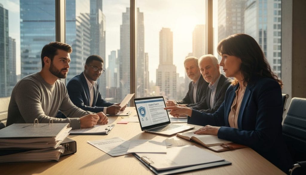 A professional setting depicting a group of diverse individuals engaged in a discussion about legal aspects of online income opportunities. In the foreground, a middle-aged woman wearing business attire points to a laptop displaying a digital contract, her expression focused and confident. Beside her, a young man in smart casual clothing nods in agreement, taking notes on a notepad. The middle ground includes a modern conference table scattered with legal documents and informational brochures showcasing reliable online offers. The background features a large window letting in natural light, illuminating a cityscape, symbolizing opportunity. The overall atmosphere is collaborative and serious, with a sense of professionalism, clarity, and trust in the air. Soft, warm lighting enhances the inviting yet formal mood. Eine professionelle Umgebung, in der eine Gruppe unterschiedlicher Personen über die rechtlichen Aspekte von Verdienstmöglichkeiten im Internet diskutiert. Im Vordergrund zeigt eine Frau mittleren Alters in Business-Kleidung auf einen Laptop, auf dem ein digitaler Vertrag zu sehen ist; ihr Gesichtsausdruck wirkt konzentriert und selbstbewusst. Neben ihr nickt ein junger Mann in legerer Businesskleidung zustimmend und macht sich Notizen auf einem Notizblock. Im Mittelgrund steht ein moderner Konferenztisch, auf dem juristische Dokumente und Informationsbroschüren über seriöse Online-Angebote verstreut liegen. Im Hintergrund ist ein großes Fenster zu sehen, durch das Tageslicht hereinströmt und eine Stadtlandschaft beleuchtet, die für Chancen steht. Die allgemeine Atmosphäre ist von Zusammenarbeit und Ernsthaftigkeit geprägt, es herrscht ein Gefühl von Professionalität, Klarheit und Vertrauen. Sanfte, warme Beleuchtung unterstreicht die einladende und zugleich formelle Stimmung.