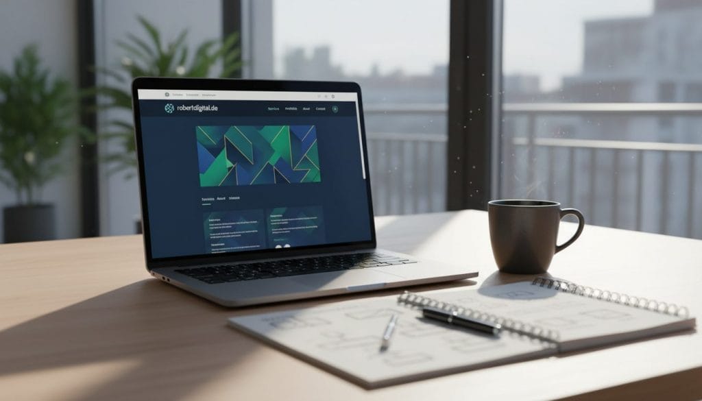 A sleek, modern website design displayed on a high-resolution laptop screen, set on a minimalistic wooden desk. In the foreground, the laptop showcases an elegant user interface with vibrant colors and intuitive navigation elements. The middle ground features a stylish coffee mug and a notepad with sketches of web design ideas, emphasizing creativity. In the background, soft natural light streams through a window, creating a bright and inviting atmosphere. The overall mood is professional yet innovative, perfectly capturing the essence of building an online presence. The scene subtly incorporates the brand name "robertdigital.de" in the design elements on the screen, ensuring it blends seamlessly into the composition. A sleek, modern website design displayed on a high-resolution laptop screen, set on a minimalistic wooden desk. In the foreground, the laptop showcases an elegant user interface with vibrant colors and intuitive navigation elements. The middle ground features a stylish coffee mug and a notepad with sketches of web design ideas, emphasizing creativity. In the background, soft natural light streams through a window, creating a bright and inviting atmosphere. The overall mood is professional yet innovative, perfectly capturing the essence of building an online presence. The scene subtly incorporates the brand name "robertdigital.de" in the design elements on the screen, ensuring it blends seamlessly into the composition.