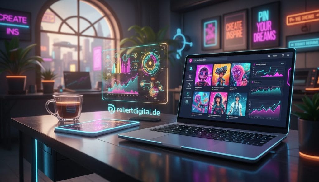 A vibrant and engaging workspace showcasing the essence of Pinterest marketing. In the foreground, a modern laptop displays a Pinterest dashboard with colorful Pins and analytics. Beside it, a stylish notebook and a cup of coffee suggest a creative atmosphere. In the middle ground, a graphic chart depicting growth trends and audience engagement is visible. The background features a cozy office with plants, motivational posters, and a large window letting in soft, natural light, creating an inviting mood. The scene conveys inspiration and professionalism, with a slight lens blur to emphasize the focus on the laptop and materials. Capture the essence of "robertdigital.de" with a polished and fresh aesthetic, reflecting the unique aspects of Pinterest as a marketing platform.