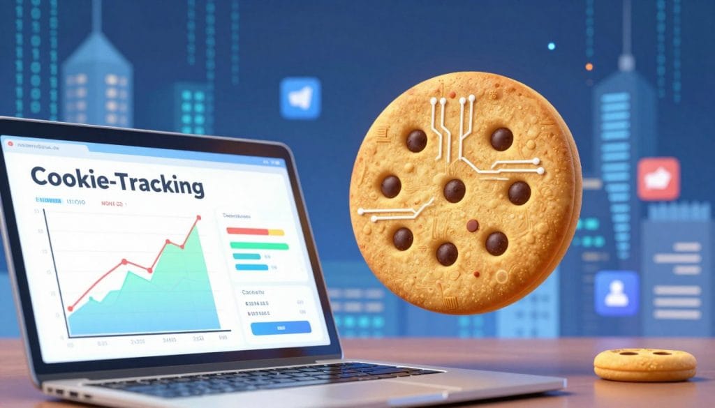 cookie tracking affiliate marketing: Neben einem Laptop mit der Überschrift Cookie Tracking und einem Diagramm mit steigender Kurve schwebt ein großer Keks mit Schokoladenstücken. Auf dem Keks sind weiße Leiterbahnen wie auf einer Platine dargestellt. Im Hintergrund sind stilisierte Symbole und eine digitale Stadtansicht zu sehen.