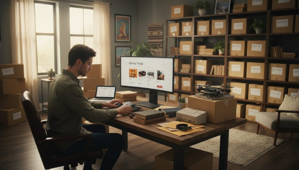 A vibrant home office scene showcasing a person engaged in e-commerce activities. In the foreground, a focused individual in smart casual attire is sitting at a stylish desk, sorting through second-hand items like books, clothing, and electronics. The middle ground features a computer displaying an online store interface with a variety of products. The background shows shelves filled with neatly organized boxes labeled for dropshipping, along with some home décor for an inviting atmosphere. Soft natural lighting streams in through a window, casting a warm glow over the workspace, evoking a sense of productivity and inspiration. The overall mood is professional yet cozy, emphasizing the appeal of working from home in the e-commerce sector. Eine lebendige Homeoffice-Szene, die eine Person bei E-Commerce-Aktivitäten zeigt. Im Vordergrund sitzt eine konzentrierte Person in legerer Businesskleidung an einem stilvollen Schreibtisch und sortiert Secondhand-Artikel wie Bücher, Kleidung und Elektronik. Im Mittelgrund ist ein Computer zu sehen, auf dem die Benutzeroberfläche eines Online-Shops mit einer Vielzahl von Produkten angezeigt wird. Im Hintergrund sind Regale mit ordentlich angeordneten, für den Dropshipping-Versand beschrifteten Kartons zu sehen, ergänzt durch einige Wohnaccessoires, die für eine einladende Atmosphäre sorgen. Sanftes, natürliches Licht strömt durch ein Fenster herein und taucht den Arbeitsbereich in einen warmen Schein, der ein Gefühl von Produktivität und Inspiration vermittelt. Die Gesamtstimmung ist professionell und dennoch gemütlich und unterstreicht die Attraktivität der Heimarbeit im E-Commerce-Sektor.