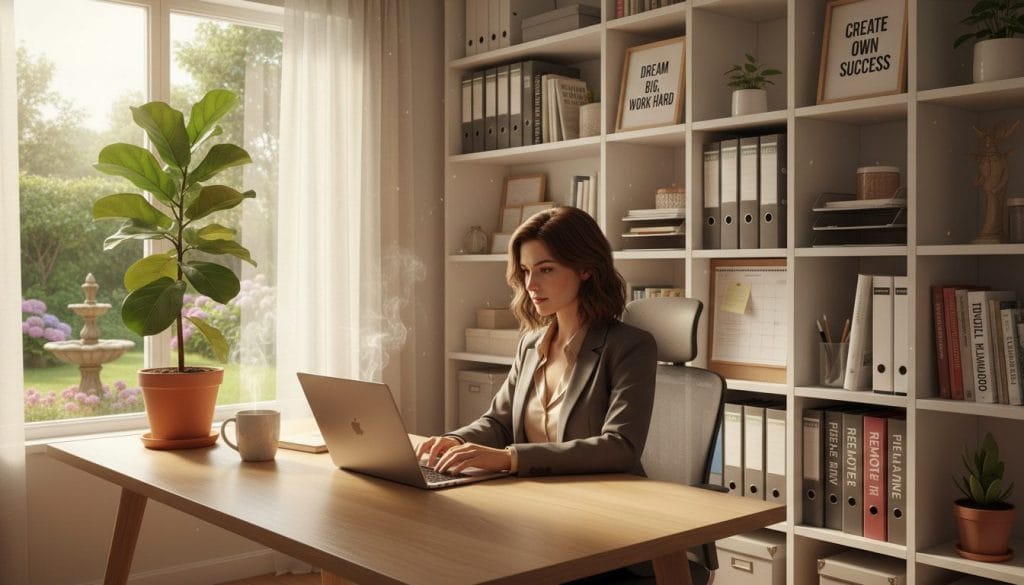 A virtual assistant freelancer working from a cozy home office setting. In the foreground, a young woman with medium-length hair, dressed in professional business attire, sits at a stylish wooden desk, focused on her laptop. Surrounding her are motivational quotes on the wall, a potted plant, and a steaming cup of coffee. The middle ground features shelving with organizational tools and books related to freelancing. The background reveals a sunlit room with soft curtains and a view of a peaceful garden, suggesting inspiration and productivity. The lighting is bright and inviting, casting a warm glow throughout. Capture the atmosphere of creativity, professionalism, and comfort in this workspace ideal for remote work. Eine freiberufliche virtuelle Assistentin, die von einem gemütlichen Heimbüro aus arbeitet. Im Vordergrund sitzt eine junge Frau mit mittellangem Haar in professioneller Business-Kleidung an einem stilvollen Holzschreibtisch und konzentriert sich auf ihren Laptop. Um sie herum befinden sich motivierende Zitate an der Wand, eine Topfpflanze und eine dampfende Tasse Kaffee. Im Mittelgrund sind Regale mit Organisationshilfen und Büchern zum Thema Freiberuflichkeit zu sehen. Im Hintergrund ist ein sonnendurchfluteter Raum mit weichen Vorhängen und Blick auf einen ruhigen Garten zu sehen, der Inspiration und Produktivität suggeriert. Die Beleuchtung ist hell und einladend und taucht den gesamten Raum in ein warmes Licht. Fangen Sie die Atmosphäre von Kreativität, Professionalität und Komfort in diesem Arbeitsbereich ein, der ideal für Remote-Arbeit ist.