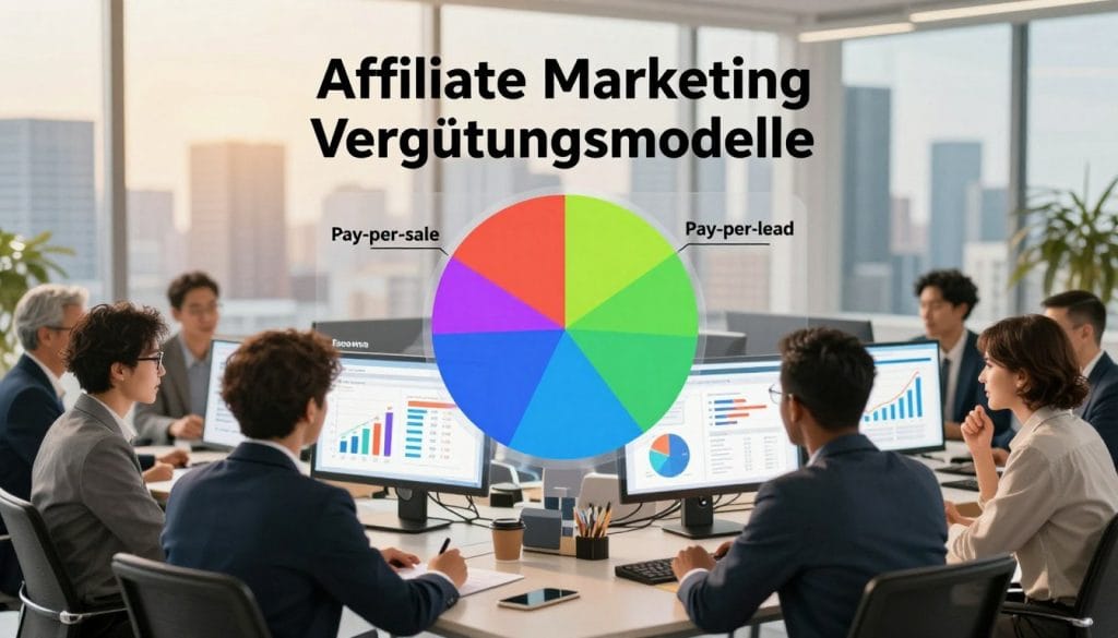 affiliate marketing vergütungsmodelle: Mehrere Personen sitzen in einem Besprechungsraum an einem Tisch mit Monitoren und Laptops. In der Mitte ist ein großes Kreisdiagramm mit verschiedenen Farben und den Beschriftungen Pay per sale und Pay per lead eingeblendet. Auf den Bildschirmen sind weitere Diagramme und Auswertungen zu sehen.