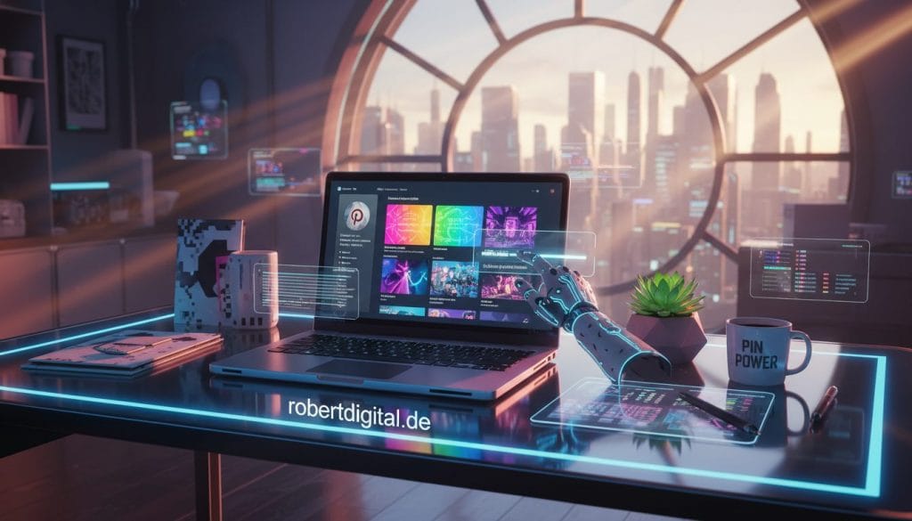 A visually striking digital workspace scene showcasing the concept of "Pinterest Profile Optimization." In the foreground, a well-organized desk with a laptop displaying a vibrant Pinterest profile, featuring colorful pins and creative boards. A hand is adjusting settings on the laptop, illustrating action. The middle ground includes mood-boosting elements like a succulent plant and stylish stationery, conveying a sense of productivity. In the background, a bright window with soft daylight streaming in, creating a warm and inviting atmosphere. The overall mood is focused and motivational, embodying the journey to success on Pinterest. Include the brand name "robertdigital.de" subtly in the laptop design. The scene is captured from a slightly elevated angle to enhance depth and engagement.