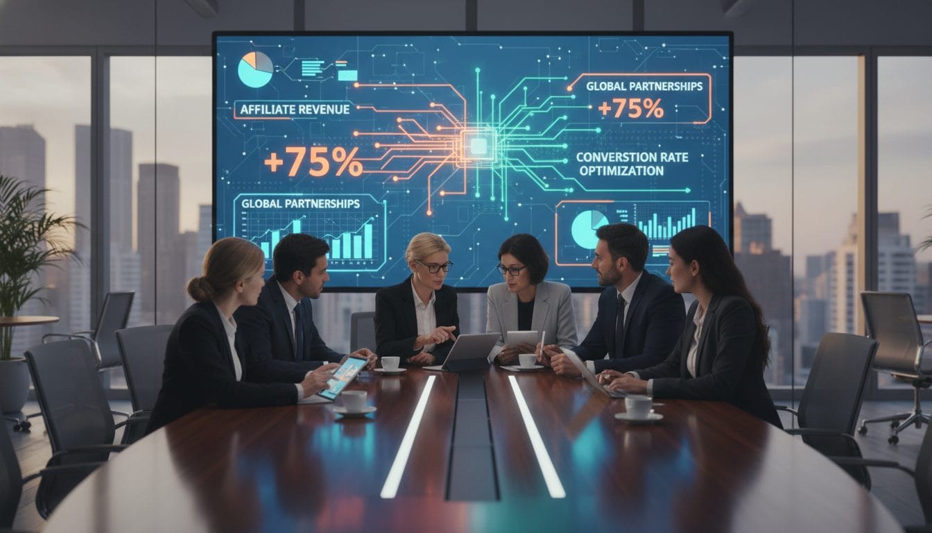 Affiliate Marketing Modell: Mehrere Personen sitzen an einem Konferenztisch und besprechen Inhalte auf Tablets und Laptops. An der Wand hängt ein großer Bildschirm mit Diagrammen, Balkengrafiken und Texten zu Umsatz, Partnerschaften und Auswertung.