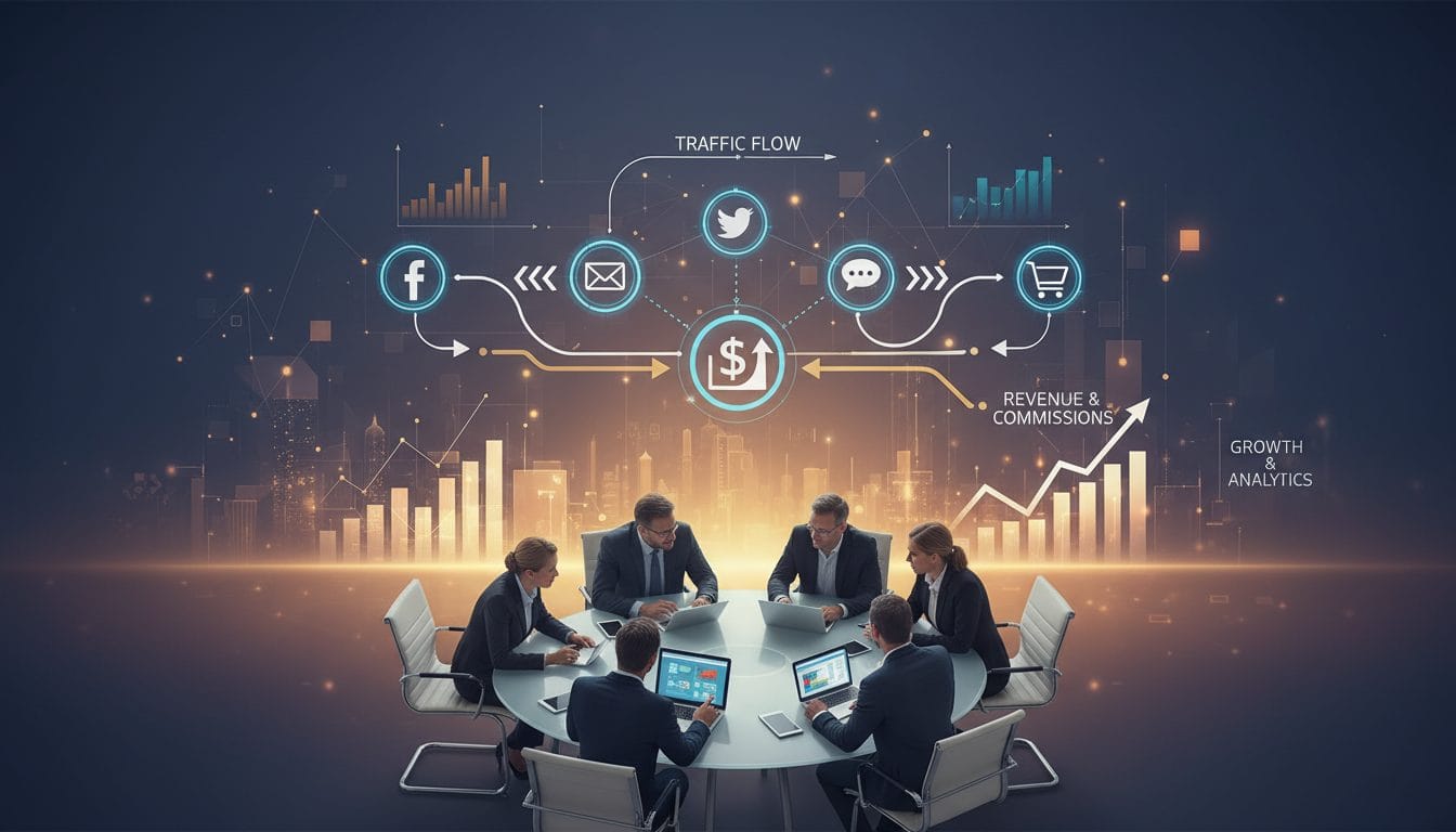 Affiliate-Marketing-Prozess: Mehrere Personen sitzen an einem runden Tisch und arbeiten mit Laptops und Tablets. Darüber ist eine grafische Darstellung mit Symbolen für soziale Medien, E-Mail, Warenkorb und Geldfluss sowie Pfeilen, Diagrammen und Wachstumskurven zu sehen.