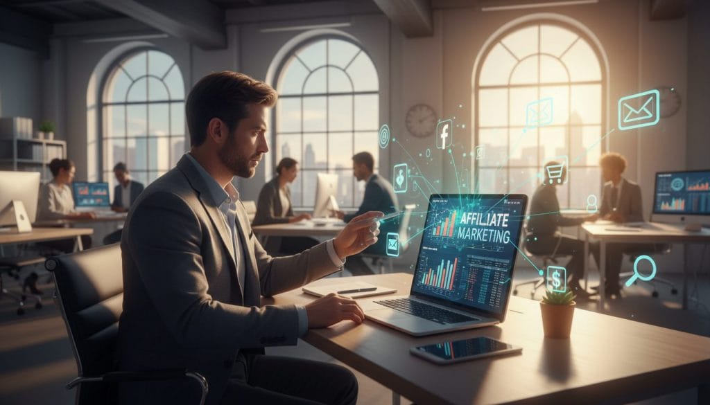 **Affiliate Marketing einfach erklärt:** Ein Mann sitzt an einem Schreibtisch im Büro und arbeitet an einem Laptop mit Diagrammen und der Aufschrift Affiliate Marketing. Um den Bildschirm sind grafische Symbole wie E-Mail, Einkaufswagen und Diagramme eingeblendet, im Hintergrund arbeiten weitere Personen an Computern.
