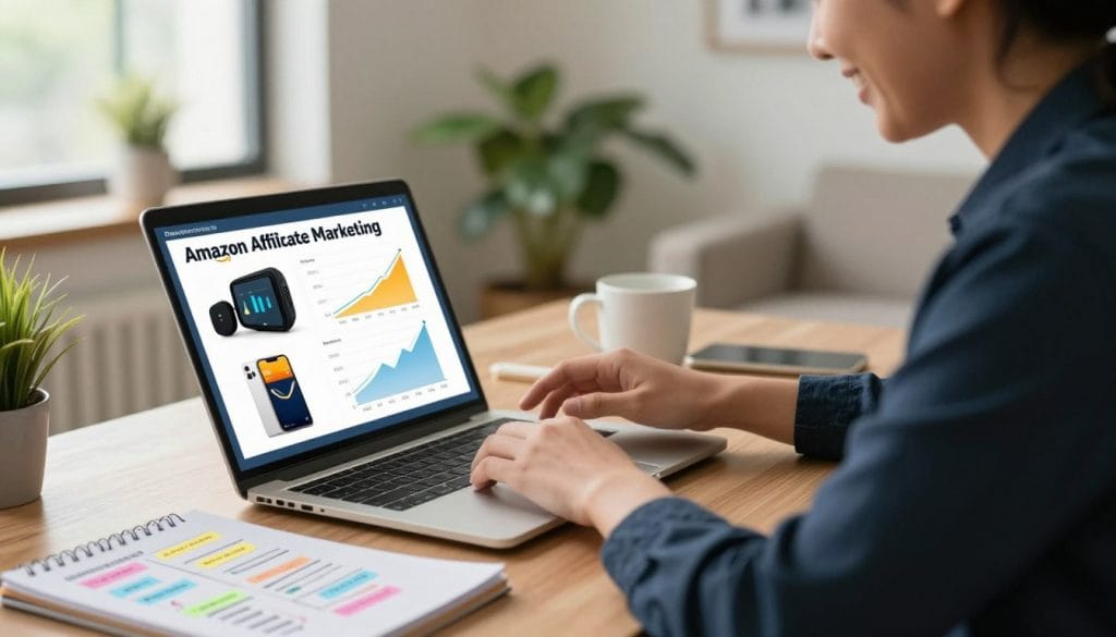 amazon affiliate marketing: Eine Person sitzt an einem Schreibtisch und arbeitet an einem Laptop mit einer Präsentation zu Amazon Affiliate Marketing. Auf dem Bildschirm sind Produktbilder und ansteigende Diagramme zu sehen, daneben liegen ein Notizbuch, ein Smartphone und eine Tasse auf dem Tisch.