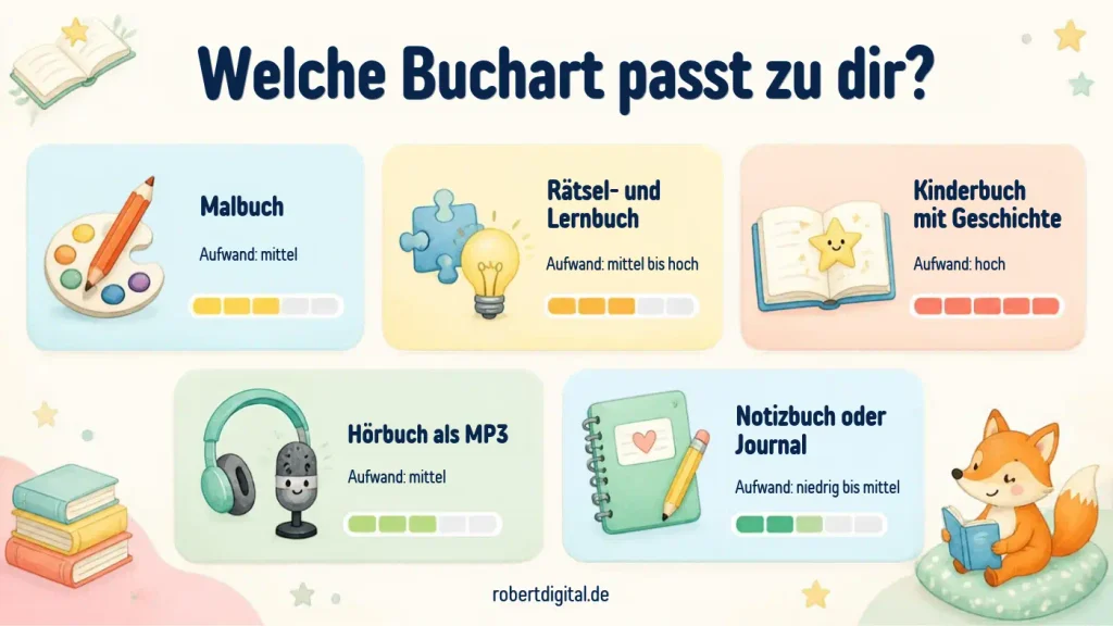Bucharten im Vergleich: Malbuch, Rätselbuch, Kinderbuch, Hörbuch, Notizbuch mit Aufwand