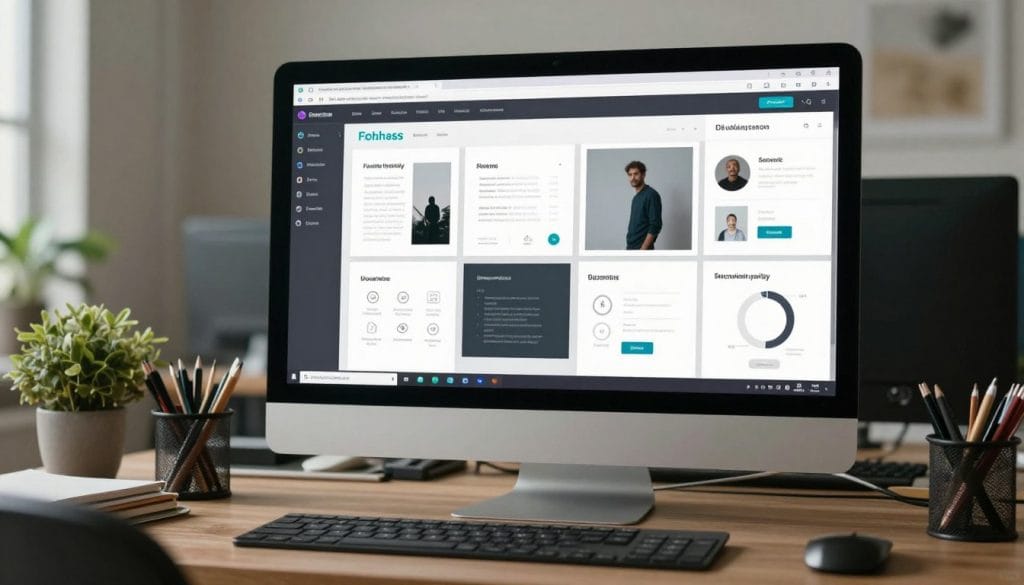 seo tools: Auf einem Schreibtisch steht ein Computer mit einem geöffneten Dashboard für Analyse und Auswertungen. Auf dem Bildschirm sind verschiedene Kacheln mit Diagrammen, Statistiken und einem Kreisdiagramm zu sehen. Neben dem Monitor liegen eine Tastatur, eine Maus, Stifte und eine kleine Pflanze.
