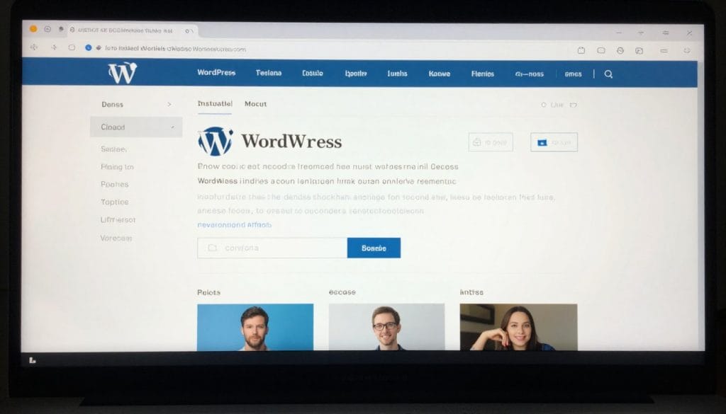 aawp plugin: Auf einem Computerbildschirm ist das WordPress Dashboard mit dem Logo und einer Navigationsleiste zu sehen. In der Mitte befindet sich eine Überschrift WordPress mit Beschreibungstext und einem Suchfeld. Im unteren Bereich sind Profilbilder und weitere Inhalte dargestellt.