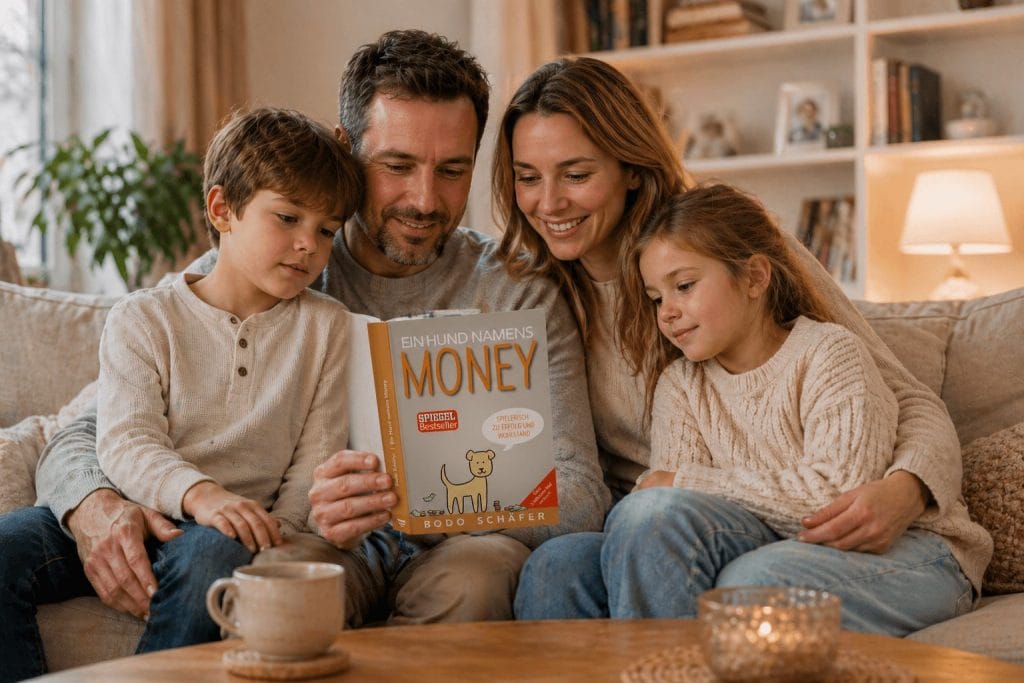 Familie liest das Buch von Bodo Schäfer "Ein Hund namens Money"
