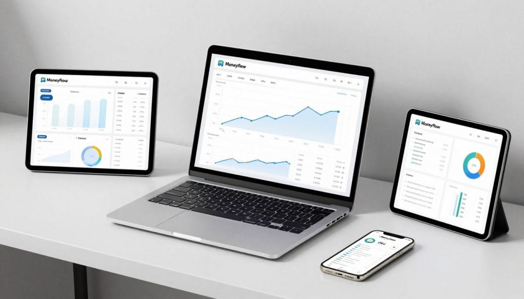 Moneyflow Income System auf verschiedenen Geräten mit Einkommensgrafiken