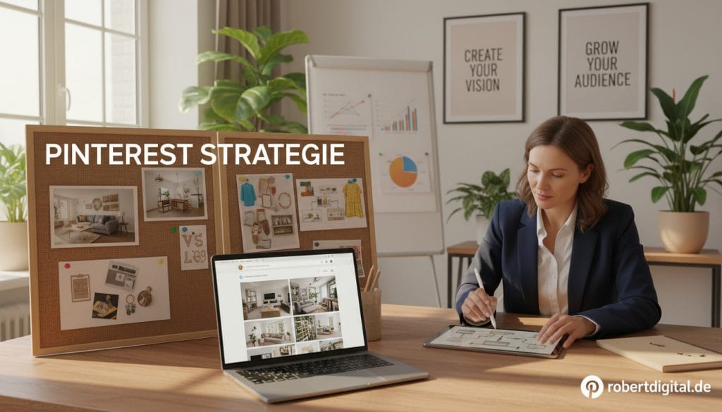 Pinterest Strategie: Frau sitzt an einem Schreibtisch, arbeitet am Tablet an einer Content-Planung, neben ihr ein Laptop mit Pinterest-Ansicht und ein Board mit Ideen, Grafiken und Pins im modernen Büro.