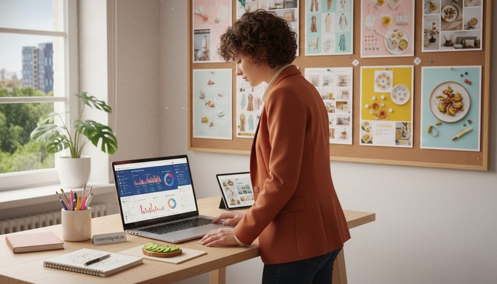Pinterest Strategie: Frau steht an einem Schreibtisch im Homeoffice und analysiert Pinterest-Daten am Laptop, vor ihr Diagramme, ein Tablet mit Pin-Übersicht und ein Moodboard mit Food- und Lifestyle-Pins an der Wand.