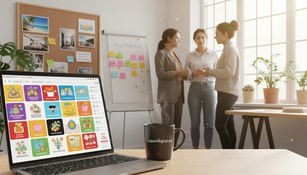 Pinterest Strategie: Laptop auf einem Schreibtisch zeigt bunte Pinterest-Pins, davor eine Kaffeetasse, im Hintergrund drei Frauen im Büro beim Austausch vor einem Whiteboard und einem Moodboard mit Ideen.