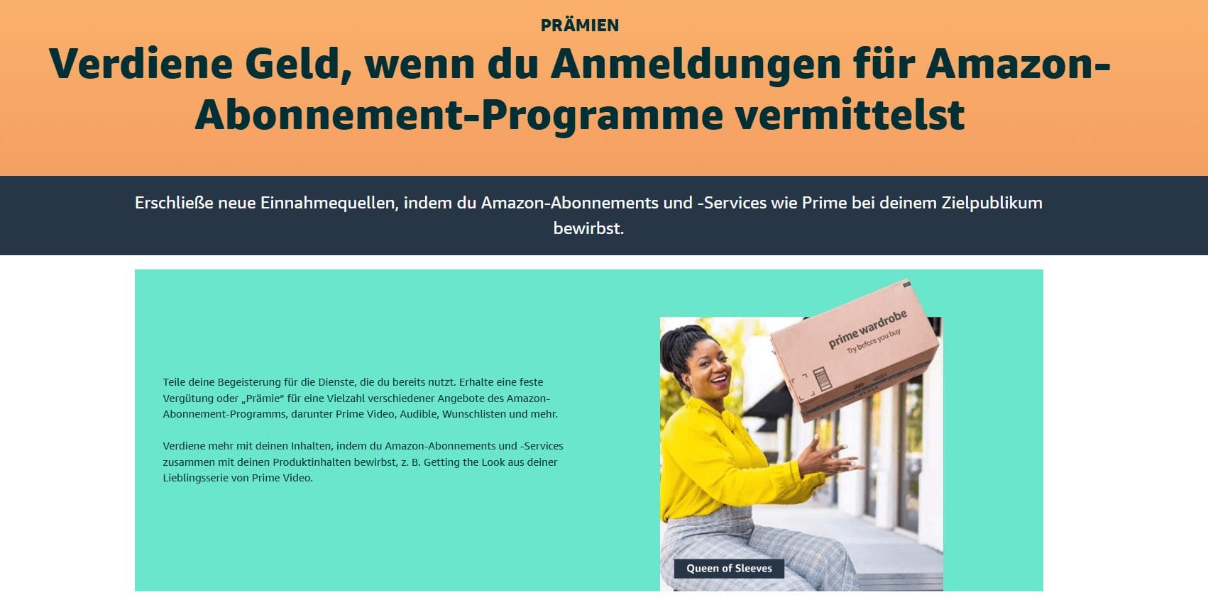 Amazon Abonnement Programme: Screenshot einer Webseite mit der Überschrift Verdiene Geld wenn du Anmeldungen für Amazon Abonnement Programme vermittelst. Darunter steht ein erklärender Text, rechts ist eine Person zu sehen, die ein Paket mit der Aufschrift Prime Wardrobe in die Luft wirft.