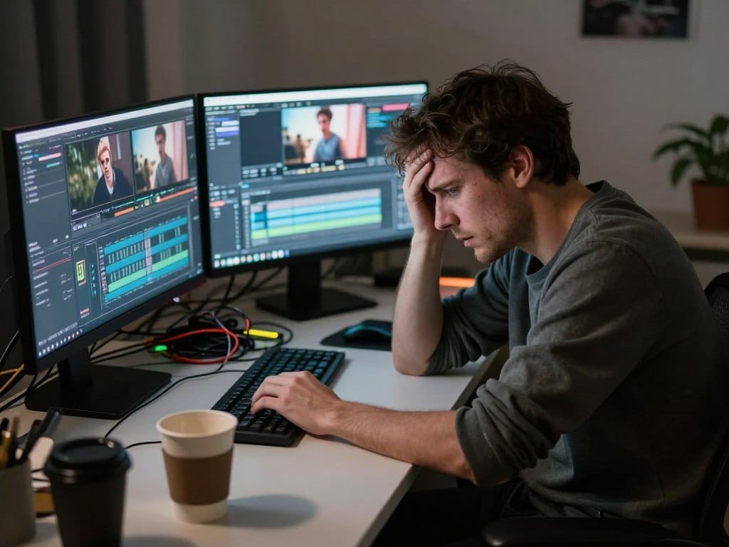 Frustrierte Person vor Computer, umgeben von Videoschnitt-Software, symbolisiert Content-Erstellungs-Probleme