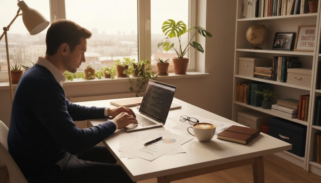 nebeneinkommen von zuhause – Homeoffice-Setup mit Laptop, Notizblock und Kaffeetasse; Ideen zum geld verdienen, heimarbeit und nebenjob von zuhause